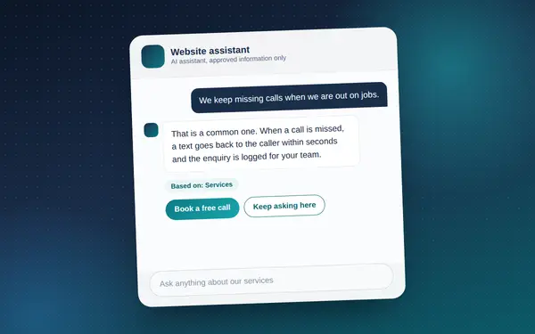 A website chat assistant answering a question about missed calls