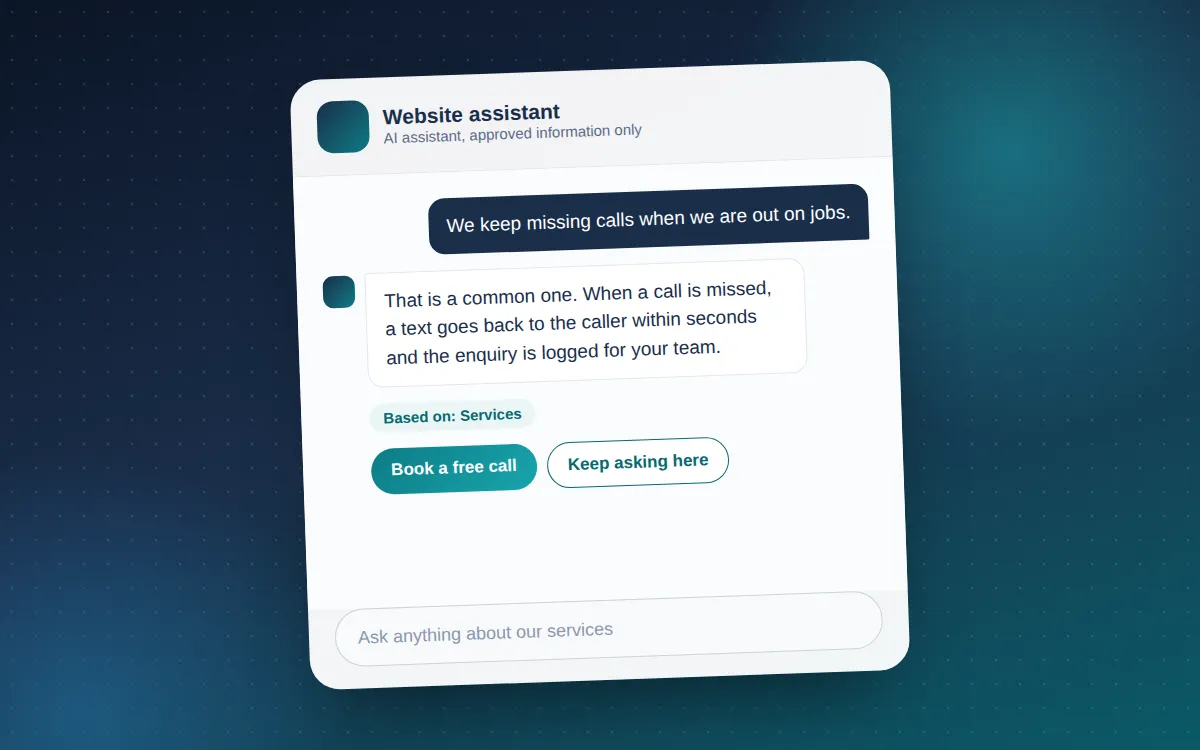 A website chat assistant answering a question about missed calls